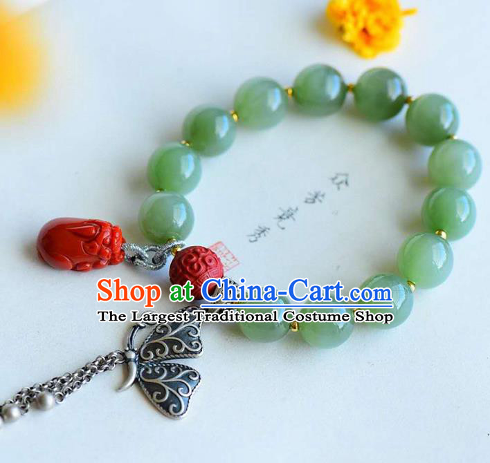China Handmade Jade Beads Bracelet Traditional Jewelry Accessories National Silver Butterfly Tassel Bangle