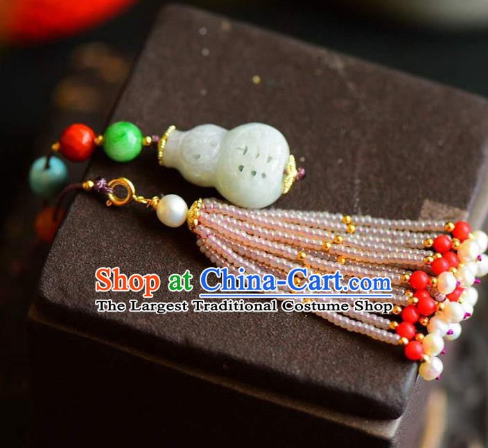 Chinese National Classical Jade Carving Gourd Necklace Accessories Handmade Pearls Tassel Necklet Pendant
