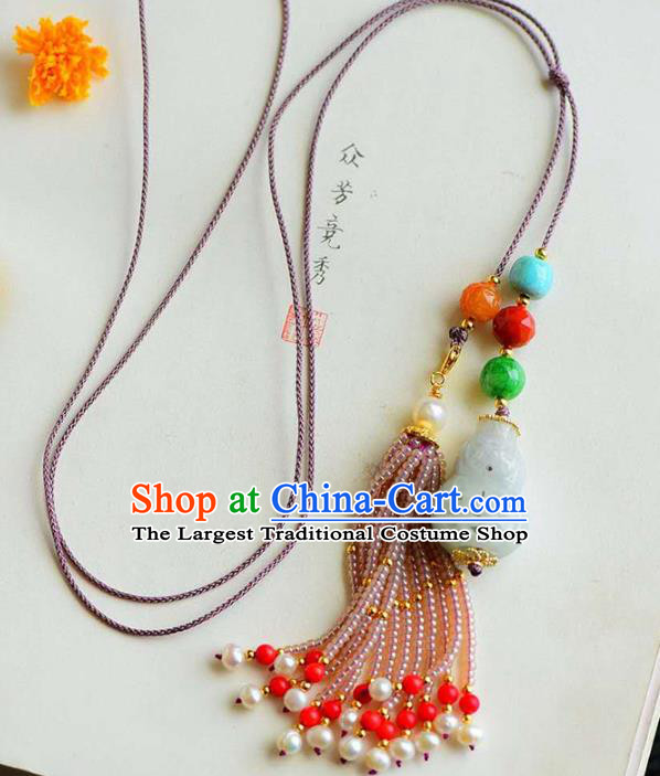 Chinese National Classical Jade Carving Gourd Necklace Accessories Handmade Pearls Tassel Necklet Pendant