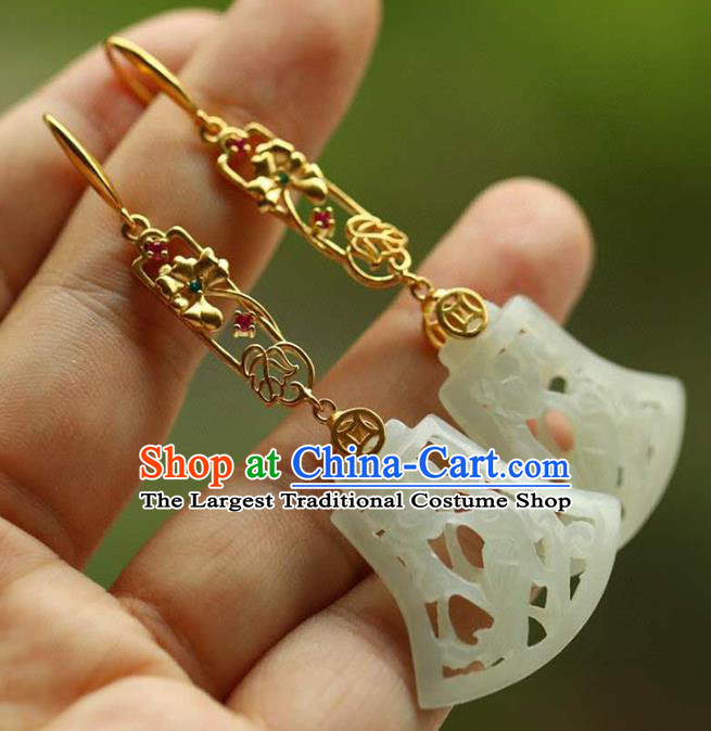 Handmade China Jade Carving Bird Eardrop National Jewelry Accessories Traditional Cheongsam Golden Earrings