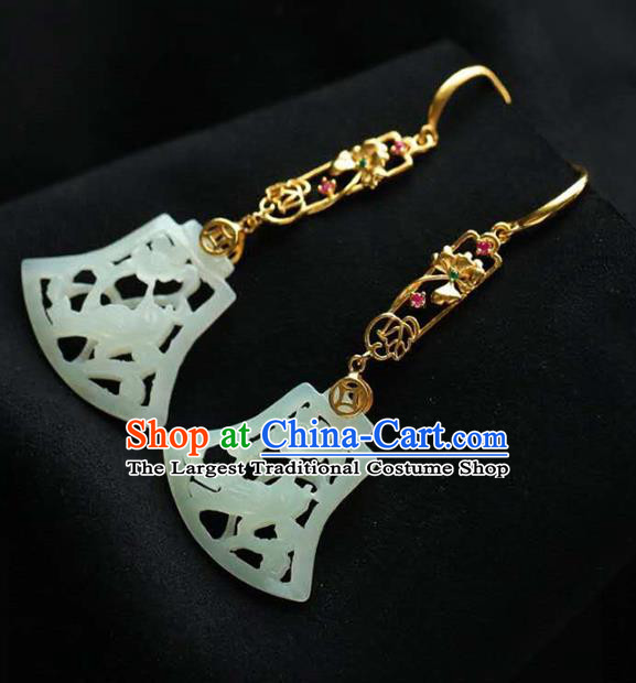 Handmade China Jade Carving Bird Eardrop National Jewelry Accessories Traditional Cheongsam Golden Earrings