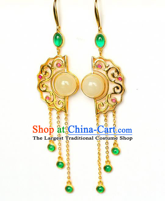 Handmade China National Jewelry Accessories Traditional Cheongsam Jade Earrings Chrysoprase Tassel Eardrop