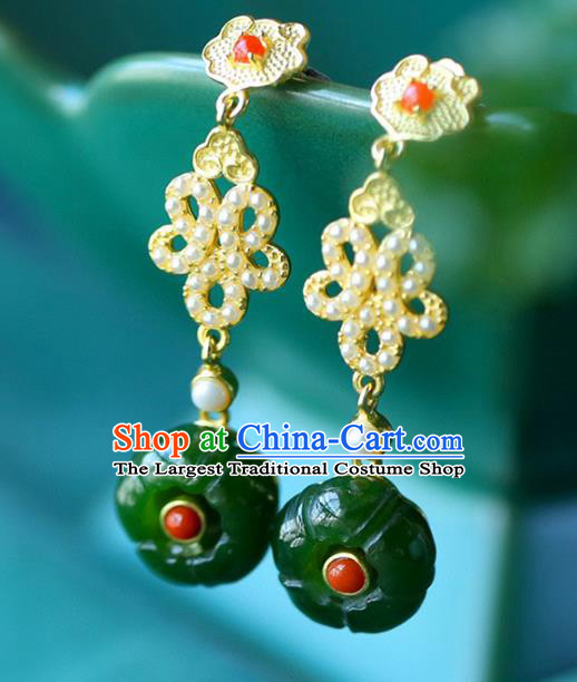 Handmade China National Cheongsam Earrings Traditional Jewelry Accessories Jade Flower Eardrop