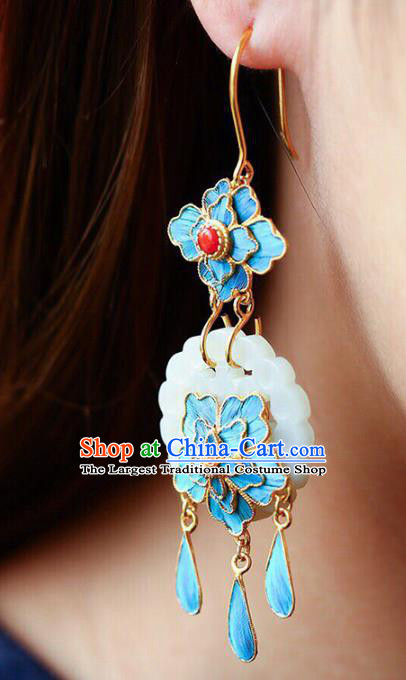 Handmade China National Cheongsam Jade Flower Earrings Traditional Jewelry Accessories Agate Eardrop
