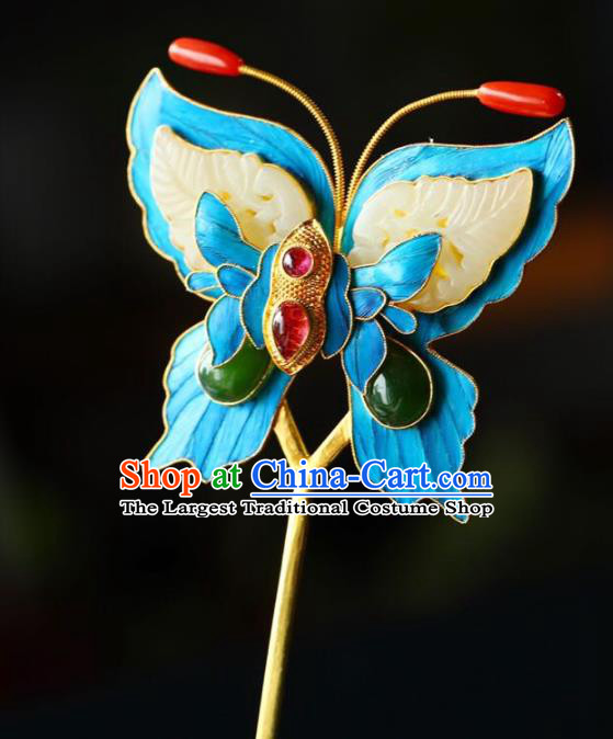 Chinese Traditional Jade Butterfly Hairpin Handmade Ancient Qing Dynasty Court Hair Accessories