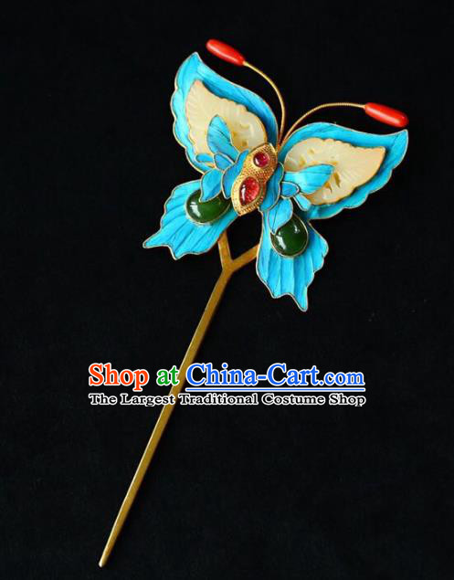 Chinese Traditional Jade Butterfly Hairpin Handmade Ancient Qing Dynasty Court Hair Accessories