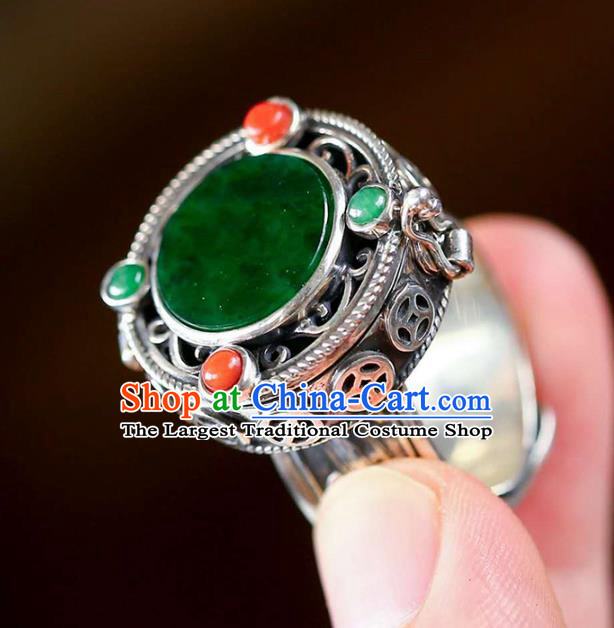 Chinese National Silver Ring Jewelry Traditional Handmade Jadeite Circlet Accessories