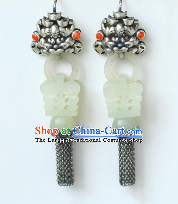 Handmade China Traditional Jade Jewelry Eardrop Accessories National Cheongsam Silver Tassel Earrings