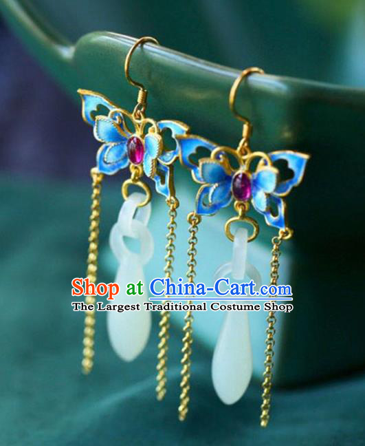 Handmade China Blueing Butterfly Eardrop Accessories Traditional Jewelry National Cheongsam Jade Vase Earrings