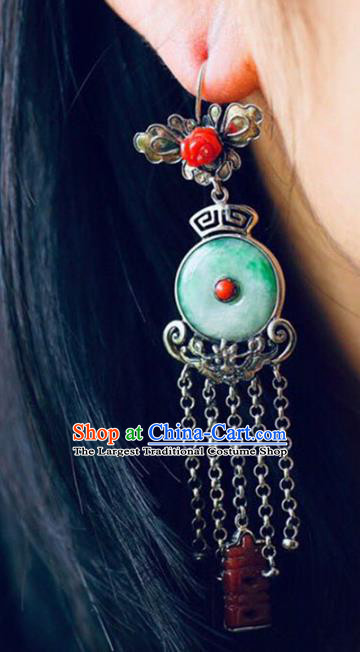 Handmade China Wedding Eardrop Accessories Traditional Jade Jewelry National Cheongsam Silver Tassel Earrings