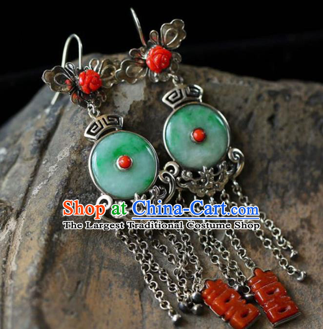 Handmade China Wedding Eardrop Accessories Traditional Jade Jewelry National Cheongsam Silver Tassel Earrings