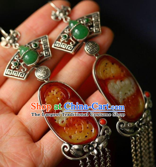 Handmade China Wedding Silver Tassel Eardrop Accessories Traditional Jade Jewelry National Cheongsam Gourd Earrings