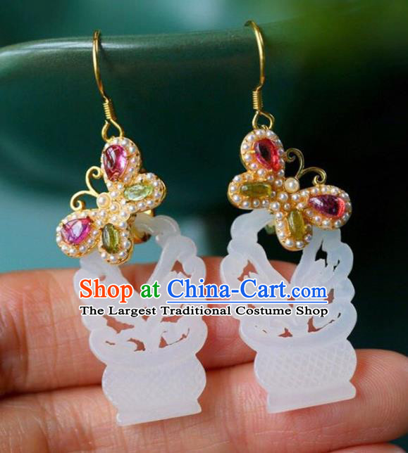 Handmade China Gems Butterfly Eardrop Accessories Traditional Jade Jewelry National Cheongsam Pearls Earrings