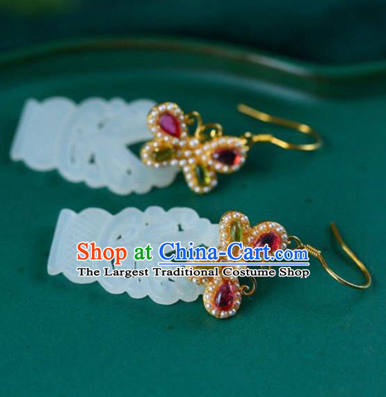 Handmade China Gems Butterfly Eardrop Accessories Traditional Jade Jewelry National Cheongsam Pearls Earrings