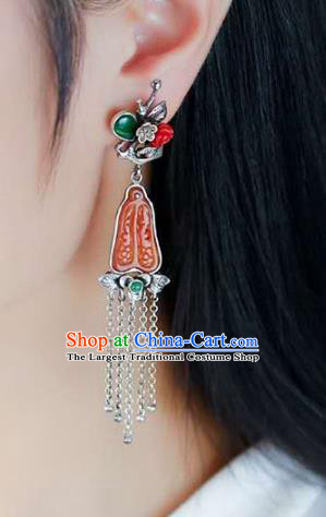 Handmade China National Cheongsam Earrings Agate Eardrop Accessories Traditional Silver Plum Tassel Jewelry