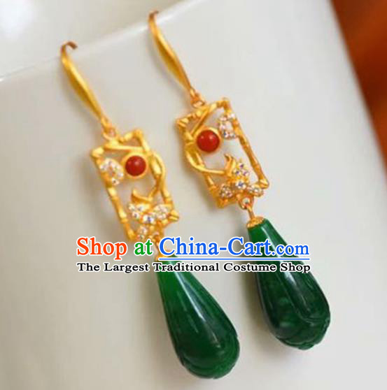 Handmade China Golden Eardrop Accessories National Cheongsam Earrings Traditional Jade Jewelry