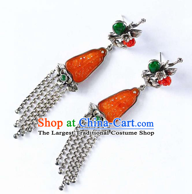 Handmade China National Cheongsam Earrings Agate Eardrop Accessories Traditional Silver Plum Tassel Jewelry