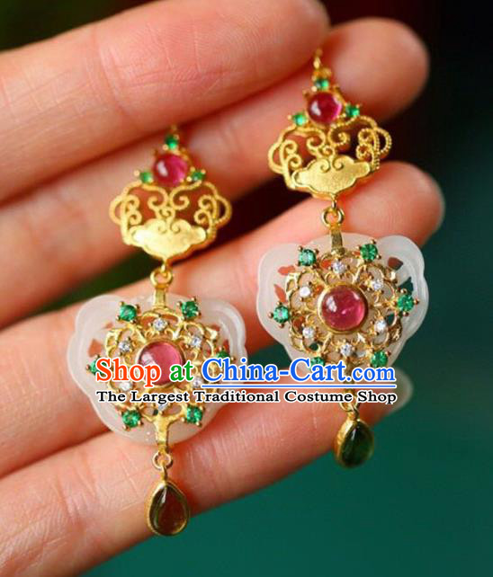Handmade China Tourmaline Eardrop Accessories Traditional Jewelry National Cheongsam Jade Lock Earrings