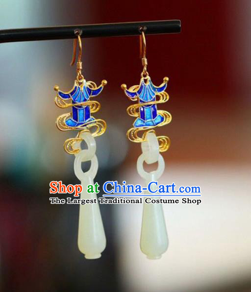 Handmade China Hetian Jade Eardrop Accessories Traditional Jewelry National Cheongsam Blueing Palace Earrings