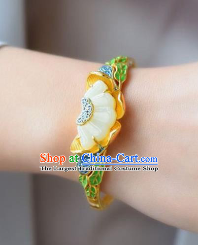 China Handmade Golden Bracelet Traditional Jewelry Accessories National Blueing Jade Lotus Bangle