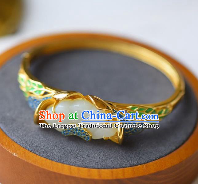 China Handmade Golden Bracelet Traditional Jewelry Accessories National Blueing Jade Lotus Bangle