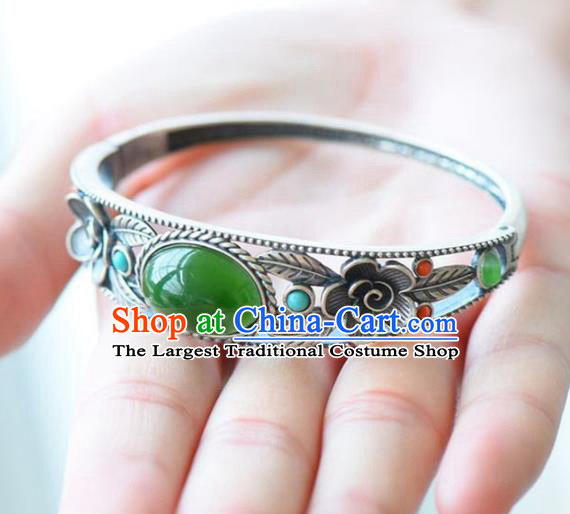 China Handmade Chrysoprase Bracelet Traditional Jewelry Accessories National Silver Carving Bangle