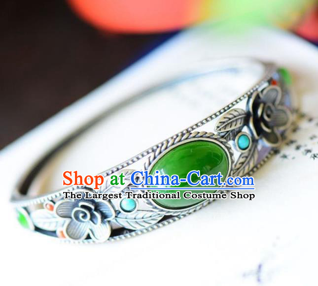 China Handmade Chrysoprase Bracelet Traditional Jewelry Accessories National Silver Carving Bangle