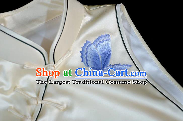 Chinese Traditional Beige Silk Waistcoat Costume Embroidered Peony Vest Upper Outer Garment