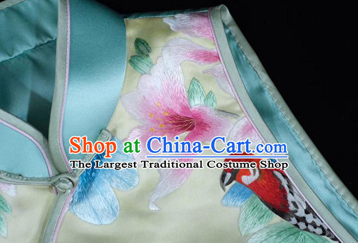 Chinese Embroidered Flowers Bird Vest Costume Traditional Upper Outer Garment Light Green Silk Waistcoat