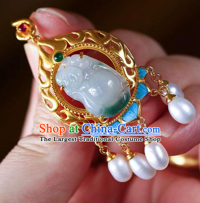Handmade China Jade Carving Buddha Eardrop Accessories Traditional Pearls Jewelry National Cheongsam Golden Earrings