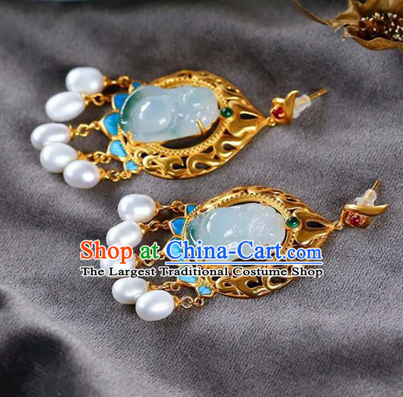 Handmade China Jade Carving Buddha Eardrop Accessories Traditional Pearls Jewelry National Cheongsam Golden Earrings