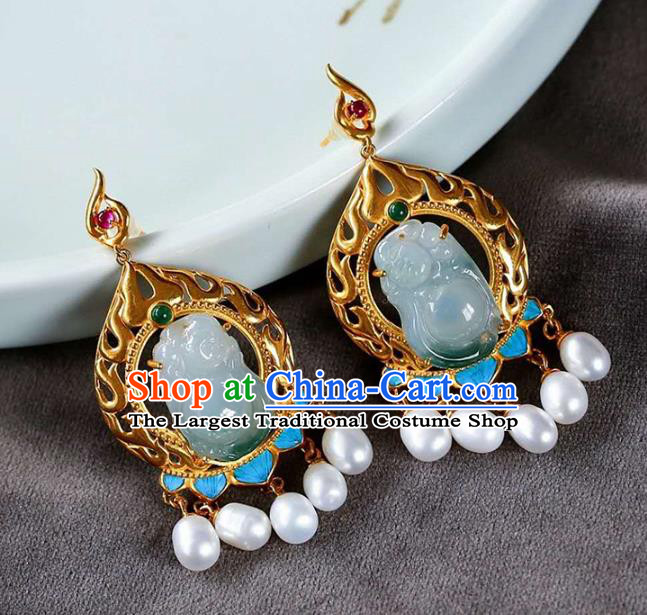 Handmade China Jade Carving Buddha Eardrop Accessories Traditional Pearls Jewelry National Cheongsam Golden Earrings