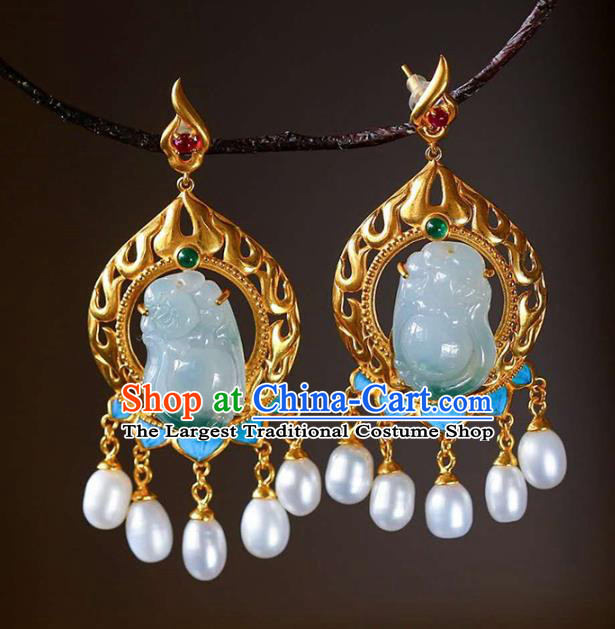 Handmade China Jade Carving Buddha Eardrop Accessories Traditional Pearls Jewelry National Cheongsam Golden Earrings