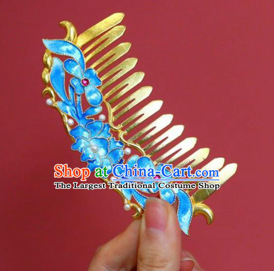 Chinese Traditional Cloisonne Lotus Hairpin Handmade Ancient Qing Dynasty Court Pearls Hair Comb