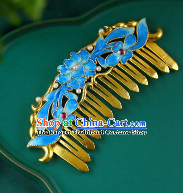 Chinese Traditional Cloisonne Lotus Hairpin Handmade Ancient Qing Dynasty Court Pearls Hair Comb