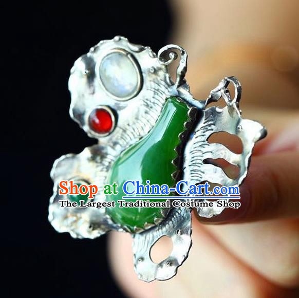 Chinese National Silver Butterfly Ring Jewelry Traditional Handmade Gems Circlet Jade Accessories