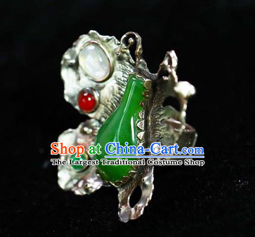 Chinese National Silver Butterfly Ring Jewelry Traditional Handmade Gems Circlet Jade Accessories