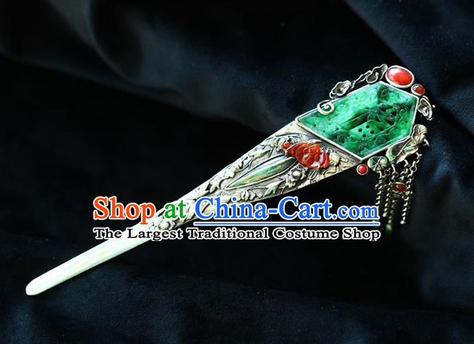 Chinese National Silver Hair Jewelry Traditional Handmade Jade Hair Accessories Tassel Hairpin