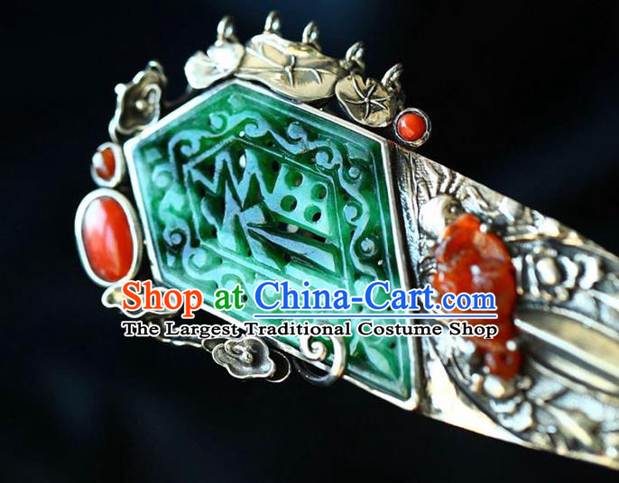 Chinese National Silver Hair Jewelry Traditional Handmade Jade Hair Accessories Tassel Hairpin