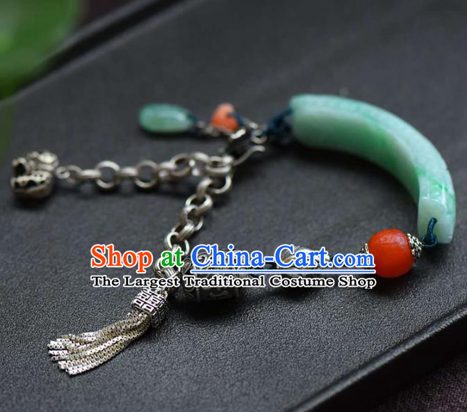 China Handmade Jadeite Carving Cloud Bracelet Traditional Jewelry Accessories National Silver Tassel Bangle