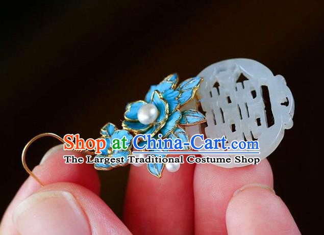 Handmade China Wedding Pearls Eardrop Accessories Jade Jewelry Traditional Cheongsam Blue Peony Earrings