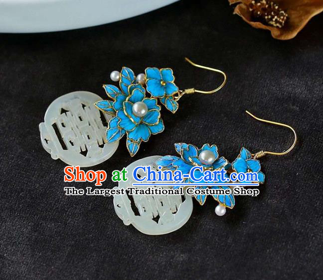 Handmade China Wedding Pearls Eardrop Accessories Jade Jewelry Traditional Cheongsam Blue Peony Earrings