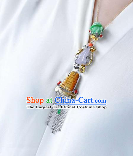 Chinese Classical Silver Tassel Necklace Handmade Jewelry Accessories National Wedding Jade Necklet Pendant