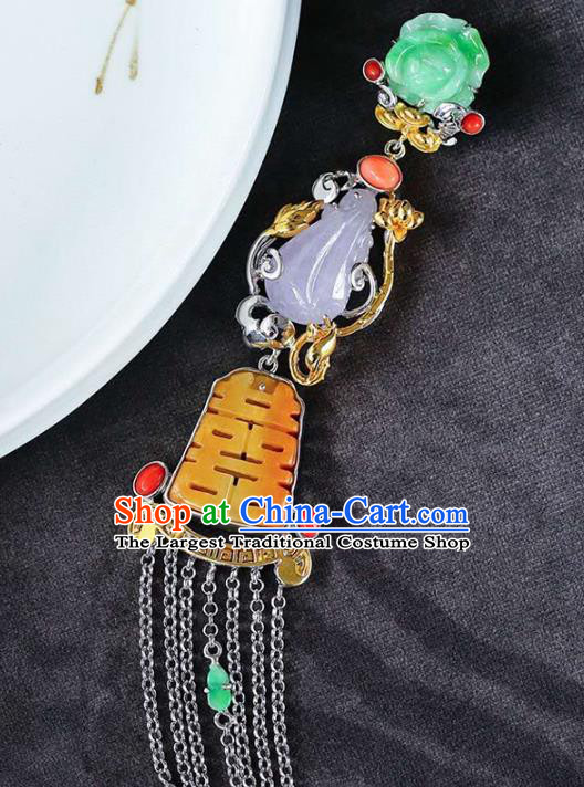 Chinese Classical Silver Tassel Necklace Handmade Jewelry Accessories National Wedding Jade Necklet Pendant