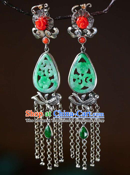 Handmade China National Cheongsam Silver Tassel Earrings Jade Eardrop Accessories Traditional Jewelry
