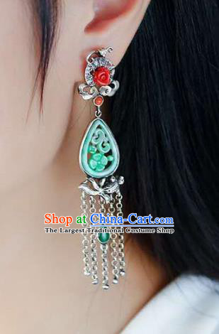 Handmade China National Cheongsam Silver Tassel Earrings Jade Eardrop Accessories Traditional Jewelry