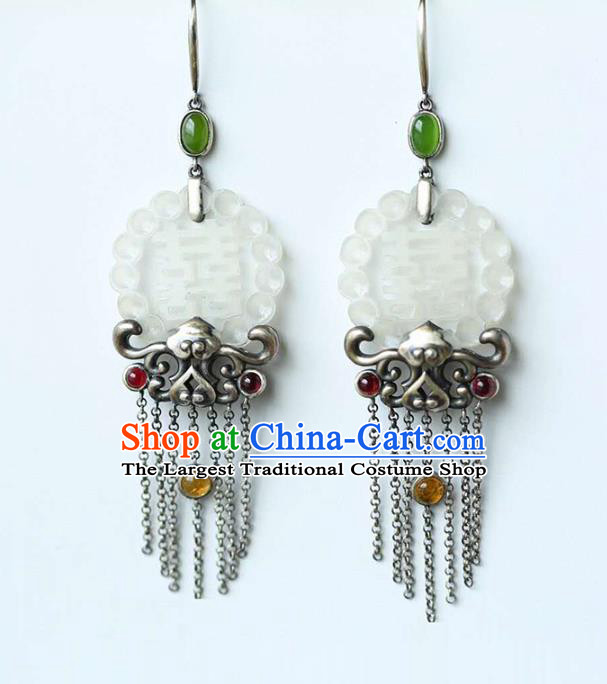 Handmade China Jade Eardrop Accessories National Cheongsam Silver Tassel Earrings Traditional Wedding Jewelry