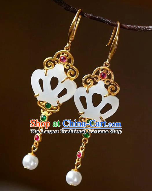 Handmade China Traditional Jewelry National Cheongsam Jade Earrings Golden Crown Eardrop Accessories