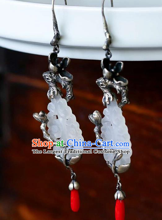 Handmade China Traditional Jade Eardrop Accessories Jewelry National Cheongsam Silver Mangnolia Earrings
