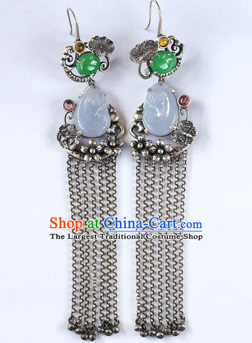 Handmade China Traditional Jade Eardrop Accessories National Cheongsam Silver Tassel Earrings Jewelry